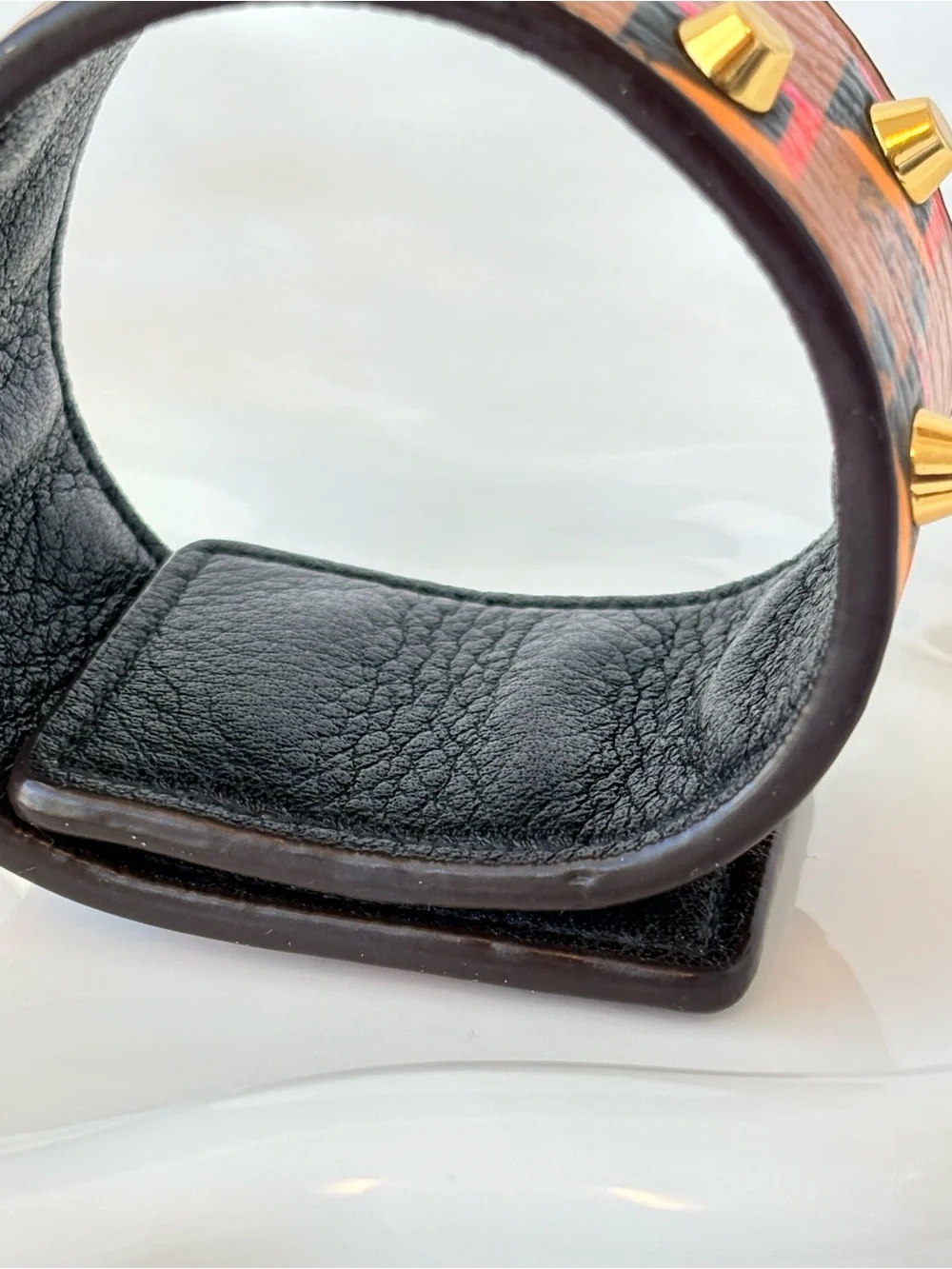 MCM Cognac Visetos Geometric Studded Leather Cuff with Pink & Black Accents